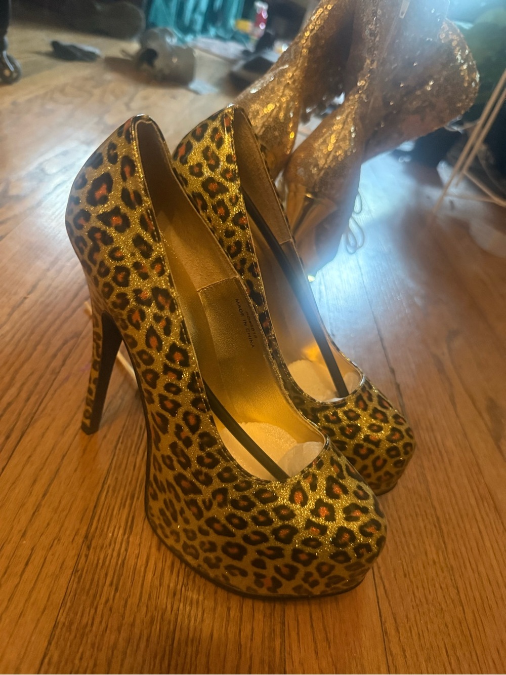 Bordello Leopard Print Gold & Black Platform Heels